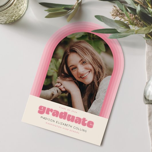 Pink Retro Striped Arch Graduation Announcement Einladung