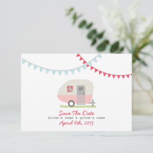Pink Retro Trailer & Hochzeit Sichern Sie das Datu Save The Date (Stehend Vorderseite)