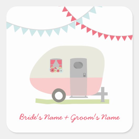 Pink Retro Trailer Hochzeitsticker Quadratischer Aufkleber (Vorderseite)