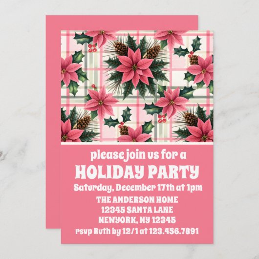 Pink Retro Weihnachten Karierte Weihnachten froh W Einladung (Vorne/Hinten)