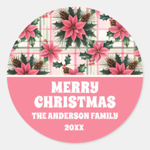 Pink Retro Weihnachten Karierte Weihnachten froh W Runder Aufkleber