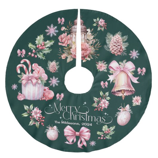 Pink Retro Weihnachten Polyester Weihnachtsbaumdecke (Vorderseite)