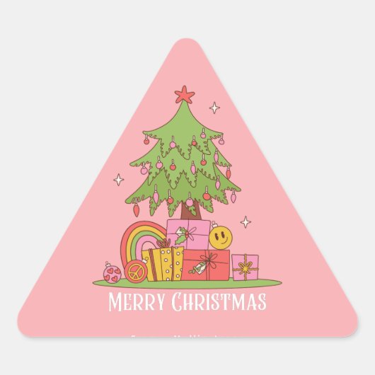 Pink Retro Weihnachtsbaum Dreieckiger Aufkleber (Vorderseite)