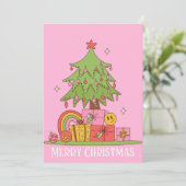 Pink Retro Weihnachtsbaum Feiertagskarte (Stehend Vorderseite)