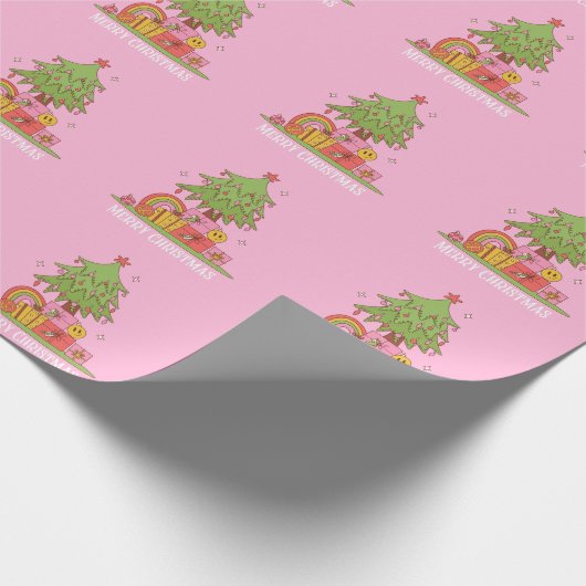 Pink Retro Weihnachtsbaum Geschenkpapier (Ecke)