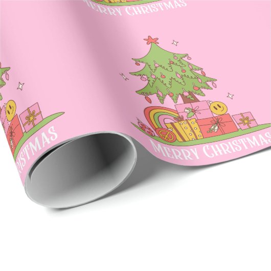 Pink Retro Weihnachtsbaum Geschenkpapier (Rolleneckpunkt)