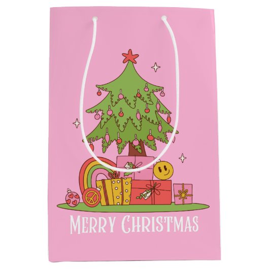 Pink Retro Weihnachtsbaum Mittlere Geschenktüte (Vorderseite)
