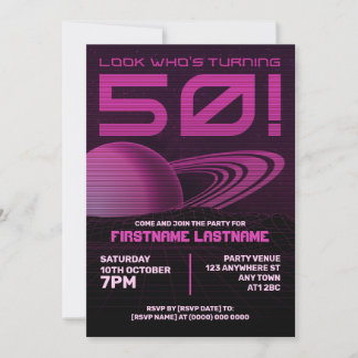 Pink Retrowave 50. Geburtstagsparty Einladung