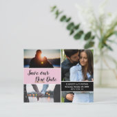 Pink Rette unser neues Datum Foto Collage Hochzeit Postkarte (Stehend Vorderseite)