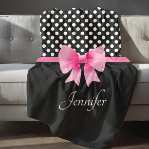 Pink Ribbon Black & White Polka Dots Name Fleecedecke
