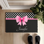 Pink Ribbon Black & White Polka Dots Name Fußmatte