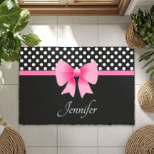 Pink Ribbon Black & White Polka Dots Name