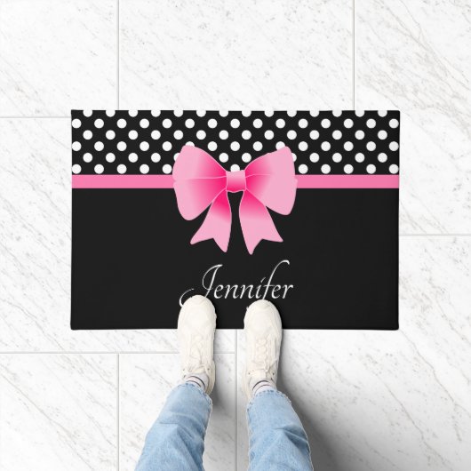 Pink Ribbon Black & White Polka Dots Name Fußmatte (Indoor)