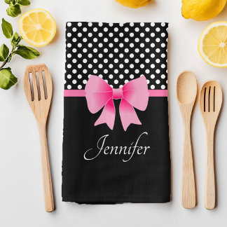 Pink Ribbon Black & White Polka Dots Name Geschirrtuch