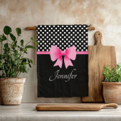 Pink Ribbon Black & White Polka Dots Name Geschirrtuch
