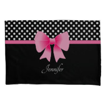 Pink Ribbon Black & White Polka Dots Name