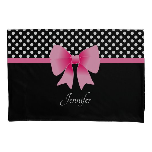 Pink Ribbon Black & White Polka Dots Name Kissenbezug (Vorderseite-Links)
