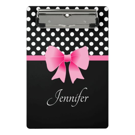 Pink Ribbon Black & White Polka Dots Name Mini Klemmbrett (Vorderseite)
