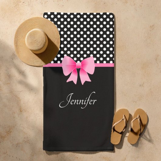 Pink Ribbon Black & White Polka Dots Name Strandtuch