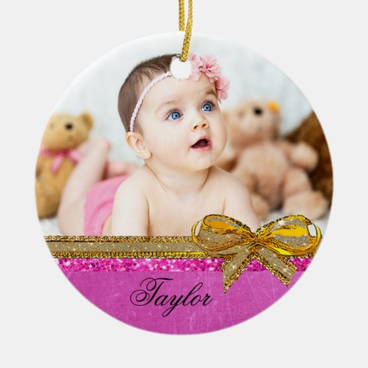 Pink Ribbon & Bow Baby Foto Ornament Keepake (Vorne)