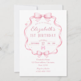Pink Ribbon Bow Coquette First Birthday Invitation Einladung