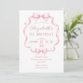 Pink Ribbon Bow Coquette First Birthday Invitation Einladung (Stehend Vorderseite)