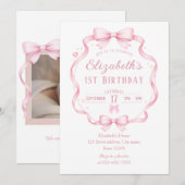 Pink Ribbon Bow Coquette First Birthday Invitation Einladung (Vorne/Hinten)