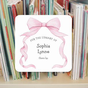 Pink Ribbon Bow Mädchen Dusche Buchzeichen Quadratischer Aufkleber