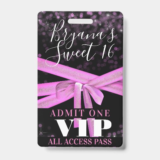 Pink Ribbon Bow Sweet 16 Party VIP Pass Ausweis (Vorderseite)