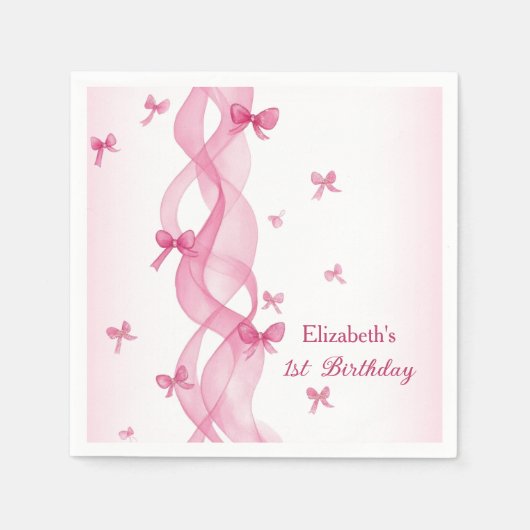 Pink Ribbon Bow Watercolor First Birthday Napkins Serviette (Vorderseite)