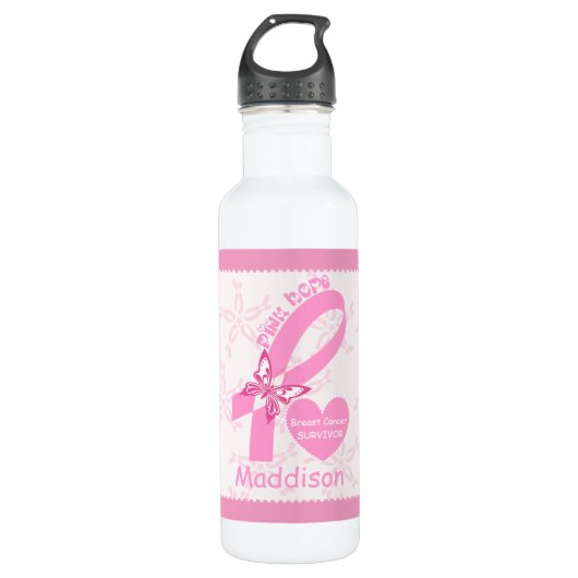 Pink Ribbon Breast Cancer survivor & pink border Edelstahlflasche (Vorderseite)