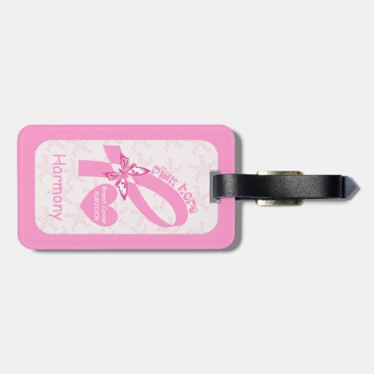 Pink Ribbon Breast Cancer survivor & pink border Gepäckanhänger (Rückseite horizontal)