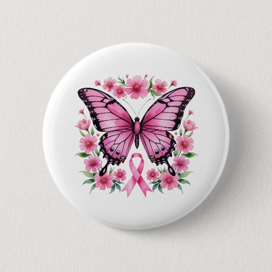 Pink Ribbon Butterfly Brustkrebs Bewusstsein Button (Vorderseite)