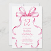 Pink Ribbon Coquette Bow 12th Birthday Invitation Einladung (Vorderseite)