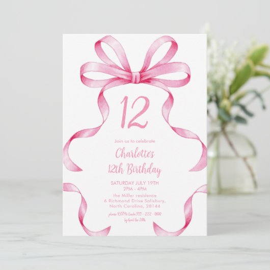 Pink Ribbon Coquette Bow 12th Birthday Invitation Einladung (Stehend Vorderseite)
