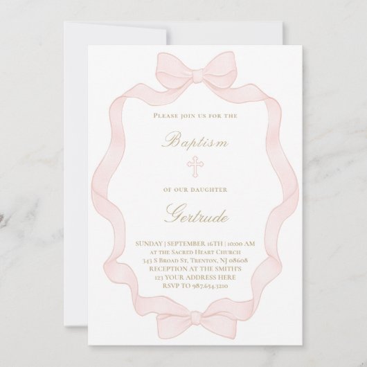 pink ribbon frame Baptism Invitation Einladung (Vorderseite)