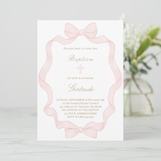 pink ribbon frame Baptism Invitation Einladung (Stehend Vorderseite)