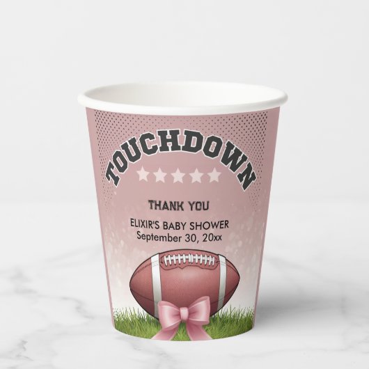 Pink Ribbon Fußball Touchdown Baby Dusche Pappbecher (Vorderseite)