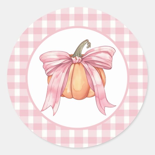Pink Ribbon Pumpkin, Gingham Coquette Fall Runder Aufkleber (Vorderseite)