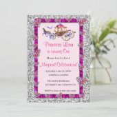 Pink Ribbon Silver Glitzer Royal Princess Birthday Einladung (Stehend Vorderseite)