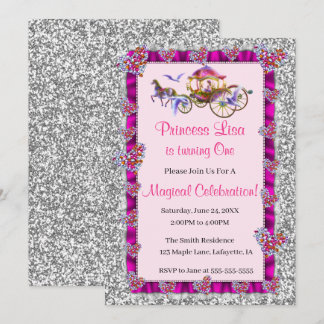 Pink Ribbon Silver Glitzer Royal Princess Birthday Einladung