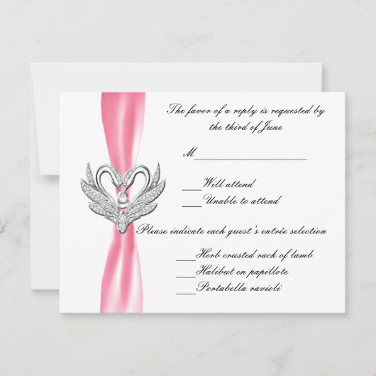 Pink Ribbon Silver Swan Response Card RSVP Karte (Vorderseite)