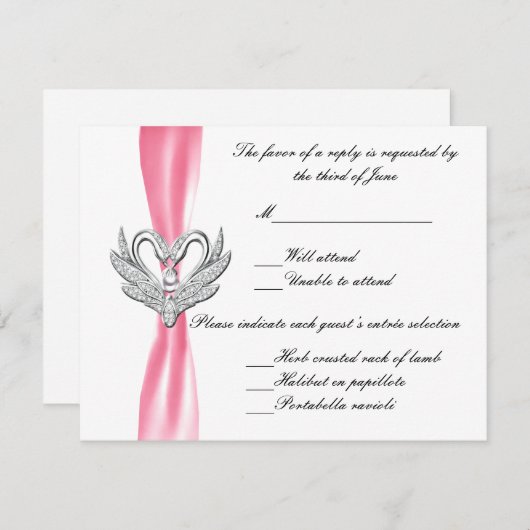 Pink Ribbon Silver Swan Response Card RSVP Karte (Vorne/Hinten)