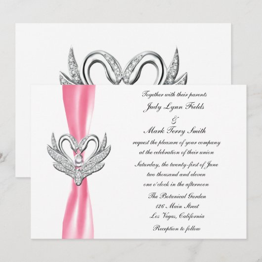 Pink Ribbon Silver Swans Einladung (Vorne/Hinten)