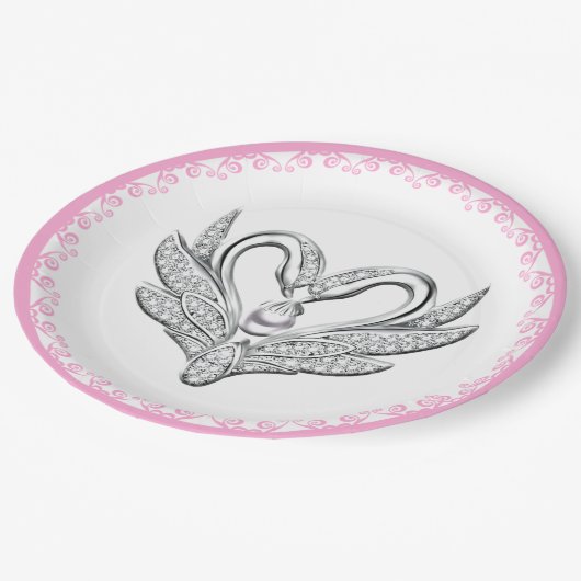 Pink Ribbon Silver Swans Papierplatte Pappteller (Schrägansicht)