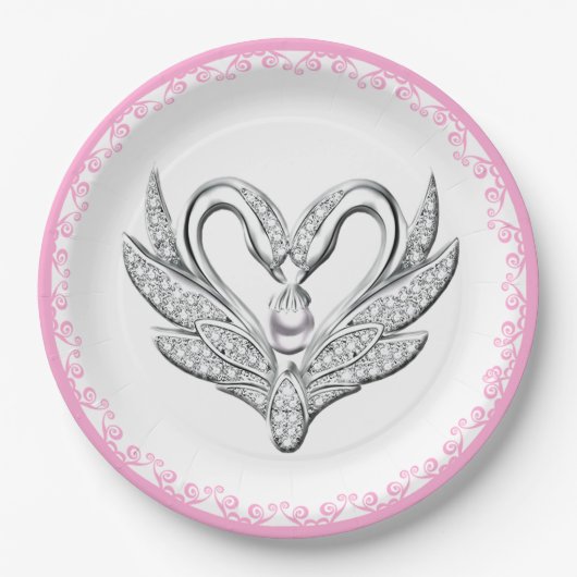 Pink Ribbon Silver Swans Papierplatte Pappteller (Vorderseite)