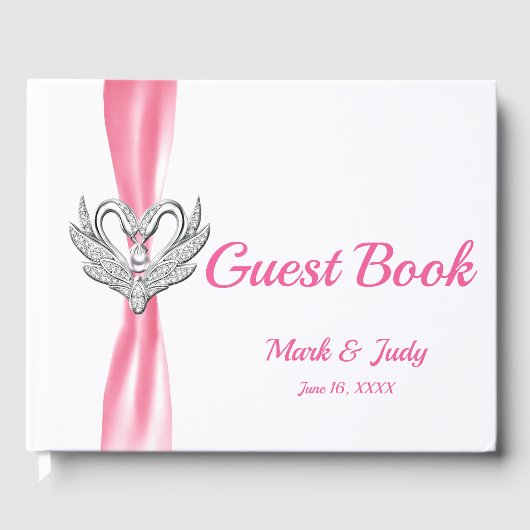Pink Ribbon Silver Swans Wedding Gästebuch (Vorderseite)