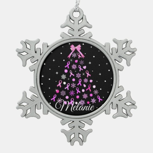 Pink Ribbon Snowflake Weihnachtsbaum Schneeflocken Zinn-Ornament (Vorderseite)