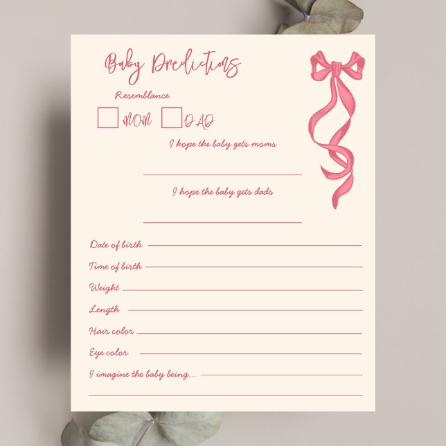 Pink Ribbon-Spielkarte für Voraussagen und Ratschl (Pink ribbon baby prediction and advice game card baby shower games scribble hand drawn vintage bow )