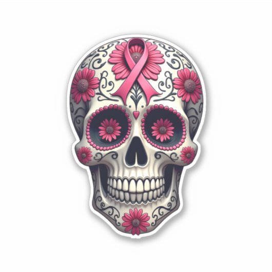 Pink Ribbon Sugar Skull Calavera Breast Cancer Awa Aufkleber (Vorderseite)